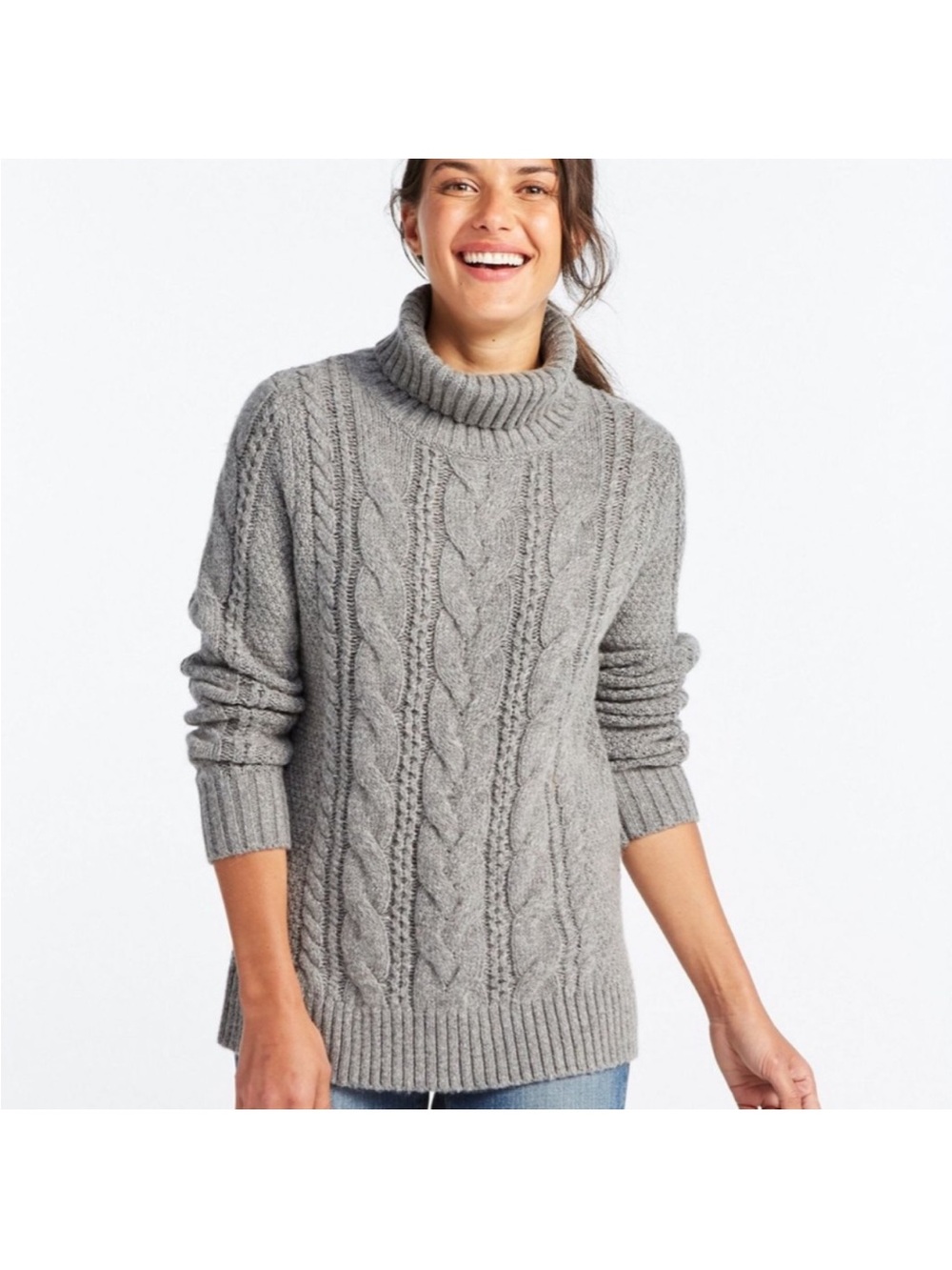 L.L. Bean Light Gray Cable Turtleneck Sweater